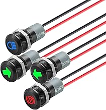 12V LED Indicator Small Light Waterproof, 1/2"(12mm) Panel Cutout 12V 24V Metal LED Indicator with 22AWG 150MM Wire - High Beam, Single Arrow Left/Right, Parking Indicat-or, 4PCS