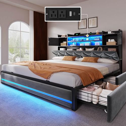King Size Upholstered Bed Frame with RGB LED Lights, Storage Headboard, Charging Station, and 4 Drawers