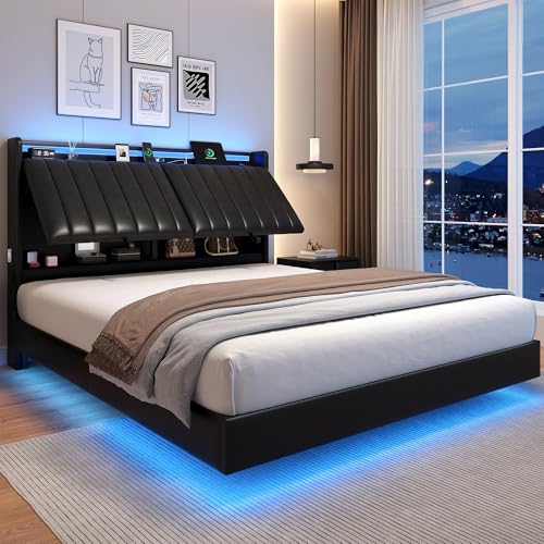 Queen Size Floating Platform Bed with LED Lights and Storage Headboard