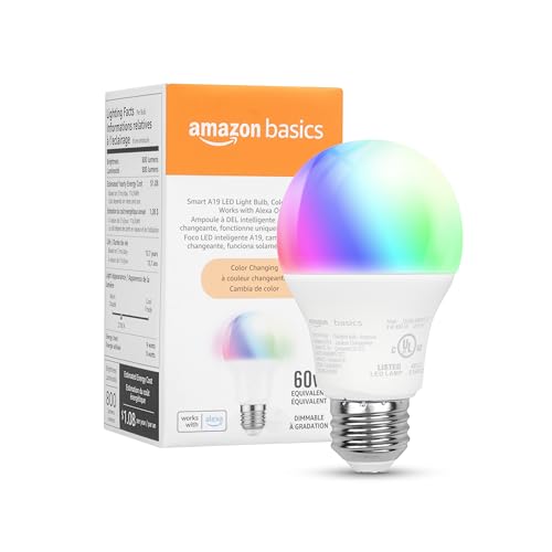 Amazon Basics Smart Color-Changing LED Light Bulb, 9W, 800 Lumens, Alexa Compatible