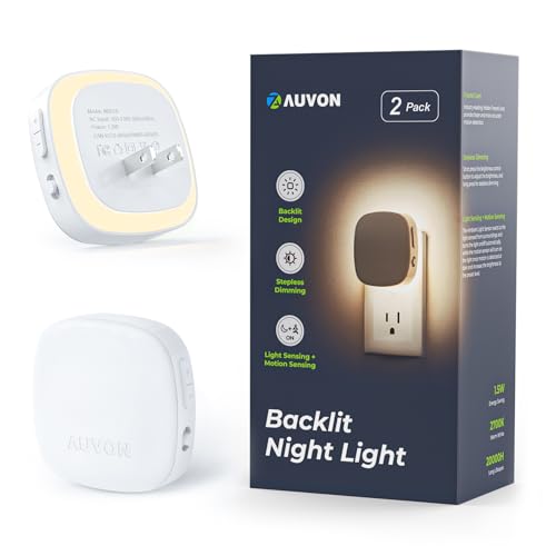 AUVON Plug-in Dimmable LED Night Light with Motion & Light Sensors (2 Pack)