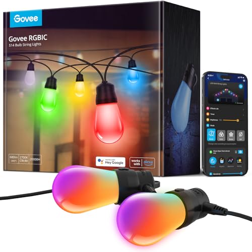 Govee Smart Outdoor RGBIC String Lights ,  48ft, 15 LED Bulbs, Waterproof, App Controlled