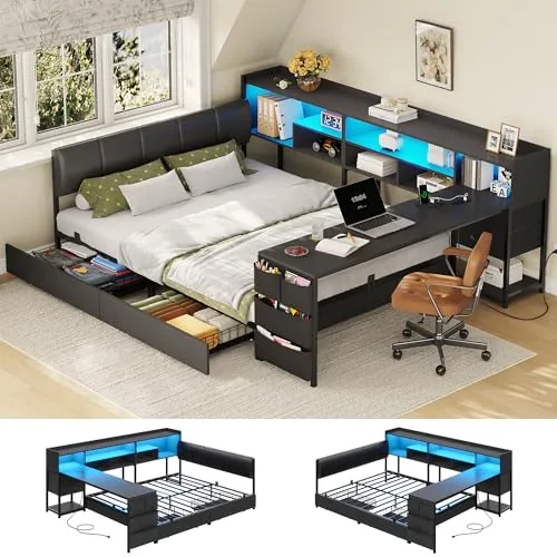Dnxao Full Corner Bed Frame with Desk and Storage