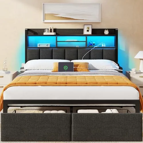 Furnulem Queen Bed Frame with Drawers and Charging Station